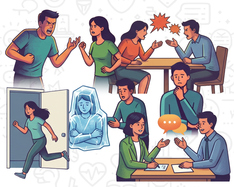 폭발, 논쟁, 전략, 도피, 얼음, 맞춤 반응을 표현한 여섯 장면